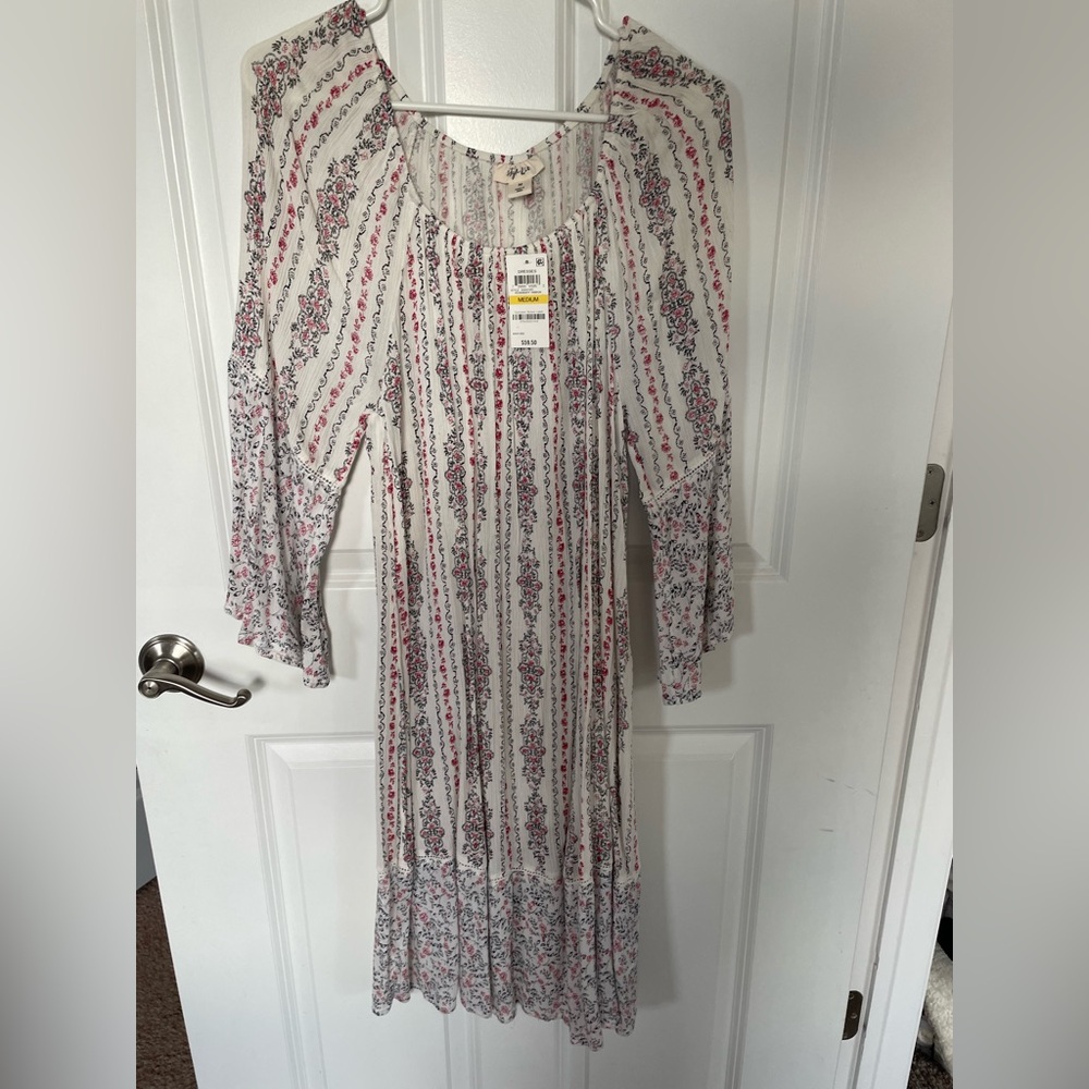 Macy's Red and White Patterned Long Sleeve or Off Shoulders Dress